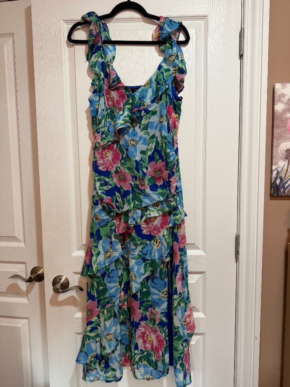 Lulus Floral Ruffle Maxi Dress Blue Pink Green Size XL